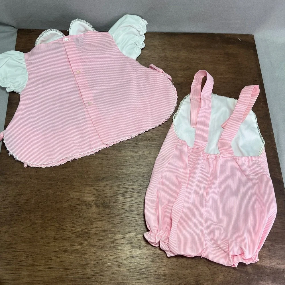 Tiny Tots Originals 2-Piece Outfit Pink Seersucker Embroidered Duck Vintage 6-9M